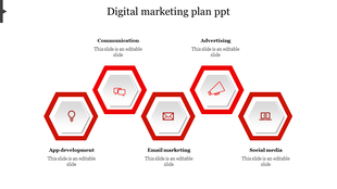 Digital marketing plan template featuring five red hexagonal icons from communication up to social media.
