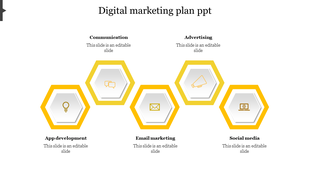 Hexagonal yellow and white infographic displaying five digital marketing categories, each with an icon and label.