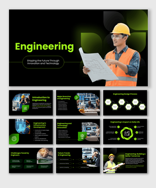 Engineering PowerPoint template covering design processes, innovation, infrastructure, technology trends, and industry.