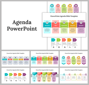 Agenda slide deck designs with colorful numbered sections and icons for each step, displayed in different layouts.