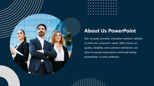 Modern about us design featuring a business team and abstract dotted and striped patterns on a blue background.