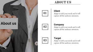 Close-up of a person holding a card labeled about us next to a list of numbered sections for client, company, and target.