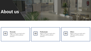 About Us slide featuring a modern office space background with 3 sections for Personal, Professional, and Other categories.