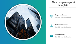 About Us slide with a city skyline and three sections highlighting target audiences, preferred by many, and valued clients.