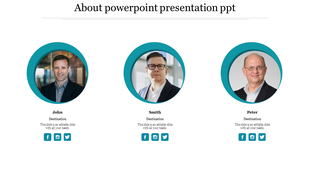Horizontal layout with three teal bordered circular images showcasing headshots on a white background.