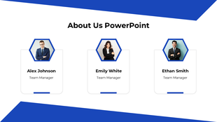 About Us PowerPoint slide featuring three professionals with text boxes.