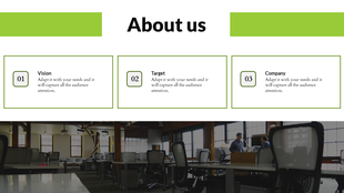 About us slide with three green bordered boxes with a dark office workspace photo below.