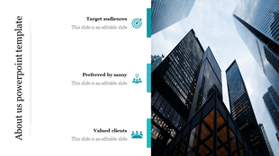 Skyline view of a city with icons representing target audiences, preferred by many, and valued clients.
