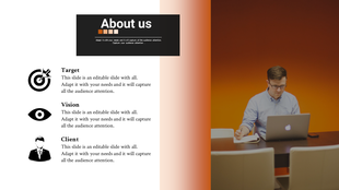 About us slide with an orange gradient background, featuring a man working on a laptop and three text with icons on the left.