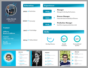 Professional About Me PowerPoint slides showcasing education, experience, and skills for John David in different layouts.