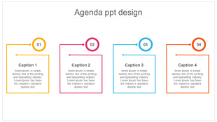 Agenda slide with four numbered sections in orange, pink, blue, and orange frames, each paired with captions areas.