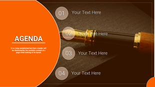 Agenda slide with an orange section on the left and four numbered text placeholders overlaying a pen image on the right.