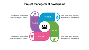 Project management slide with four colored blocks, each containing an icon and placeholder text, plus a central group icon.