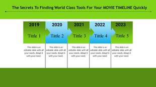 Timeline template with green and blue arrows marking key milestones labeled from 2019 to 2023 with placeholder text.