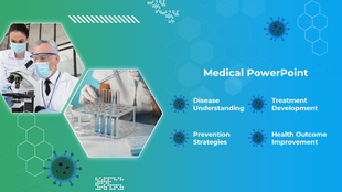 Medical slide showcasing a hexagonal design with images of researchers and lab equipment, highlighting four disease sections.