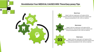 Medical-themed slide with green gear icons, displaying symbols of a tooth, brain, and head with three caption areas.