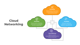 Cloud networking diagram with four interconnected clouds in green, orange, blue, and purple showing key features.