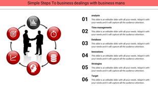 Infographic showing cool circular icons and steps for business processes, including strategy and time management.