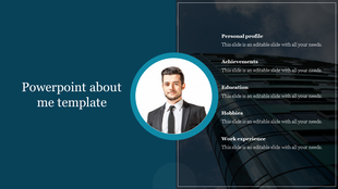 About me slide showcasing an individual’s profile and career highlights on a blue theme.