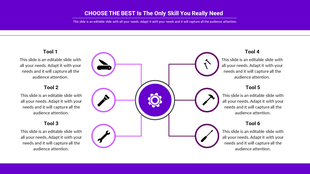 Mechanical engineering layout with a purple gear connected to icons like a knife, wrench, and hammer, with caption areas.
