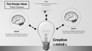 Grayscale slide with a central light bulb and connected three brain illustrations, representing creative ideas.
