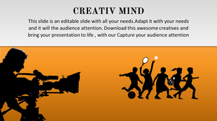 Creative slide with a silhouette of a filmmaker capturing children playing sports, symbolizing creativity and activity.