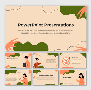 Creative PowerPoint layout with slides covering company overview, mission, and leadership.