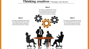 Slide with silhouettes of people at a table and three gears above, and three labeled idea sections on a white background.