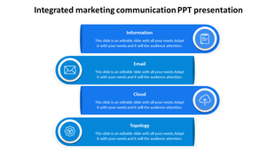 Slide shows integrated marketing communication with sections for Information, Email, Cloud, and Topology on a blue theme.