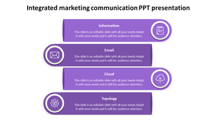Integrated marketing communication slide featuring purple sections for information, email, cloud, and topology.