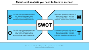 Infographic with four blue quadrants surrounding a white central box labeled SWOT, representing analysis elements.