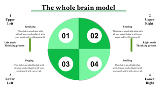 Slide showcasing a green circular brain model divided into four numbered sections for thinking and communication tasks.
