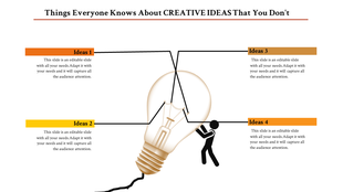 Creative PowerPoint template with lightbulb and brainstorming theme, featuring four sections for presenting ideas.