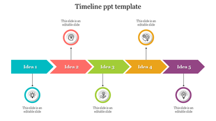 A timeline slide with five colorful steps labeled Idea 1 to 5, featuring icons and placeholder text.