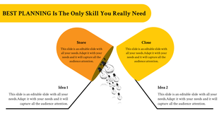 Business infographic featuring two orange and yellow funnels with light bulbs falling between them and caption areas.