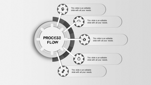 Monochrome process flow infographic featuring gray gears radiating from a central hub with linked captions.