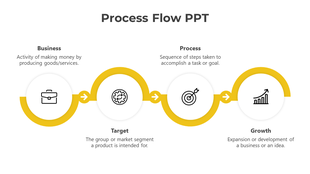 Illustrated process flow showing sequential steps from business to growth in a yellow path with icons.