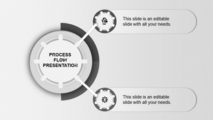 Monochrome process flow with two gray gears branching out to caption boxes on a minimalist background.