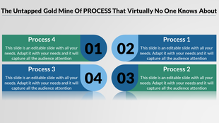 Infographic with four horizontal boxes, alternating green and blue, numbered 01 to 04, each with text descriptions.