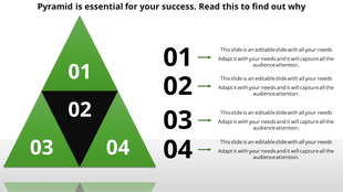 A green pyramid shaped PowerPoint template with steps labeled 01 to 04 with placeholder text.