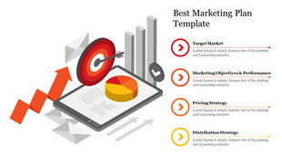 A marketing plan slide featuring an arrow, target market, pie chart, and four key elements with placeholder text.