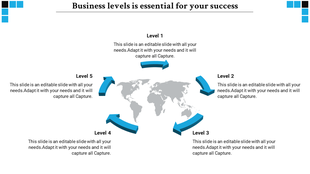 Business slide with blue arrows connecting five levels, in a circular format around a world map background.