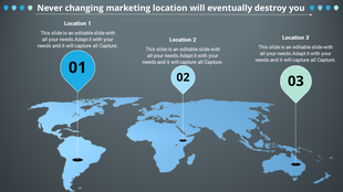 Map infographic with blue and green location markers labeled 01 to 03, showing marketing locations.