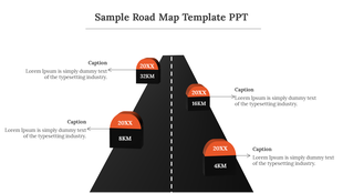 Dark road infographic featuring milestone markers with labels 20XX and distances, including placeholder text areas.