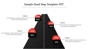 Sample roadmap slide with a black road leading to milestones labeled by year and distance with captions.