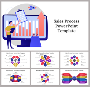 A pack of sales process slides with colorful layout designs and icons with text descriptions.