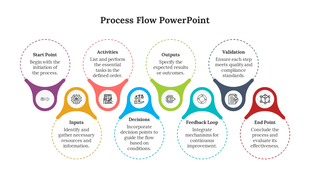 Colorful process flow infographic with eight interconnected loops and icons illustrating each stage of a workflow.
