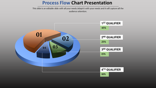 Process flow chart slide with a 3D pie representation and percentage distribution for each of the top four qualifiers.