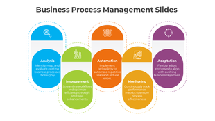Business process management slide with steps from Analysis to Adaptation with icons representing each phase.