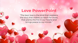 Romantic-themed slide with red and pink hearts and a love quote on a soft, sparkling pink background.